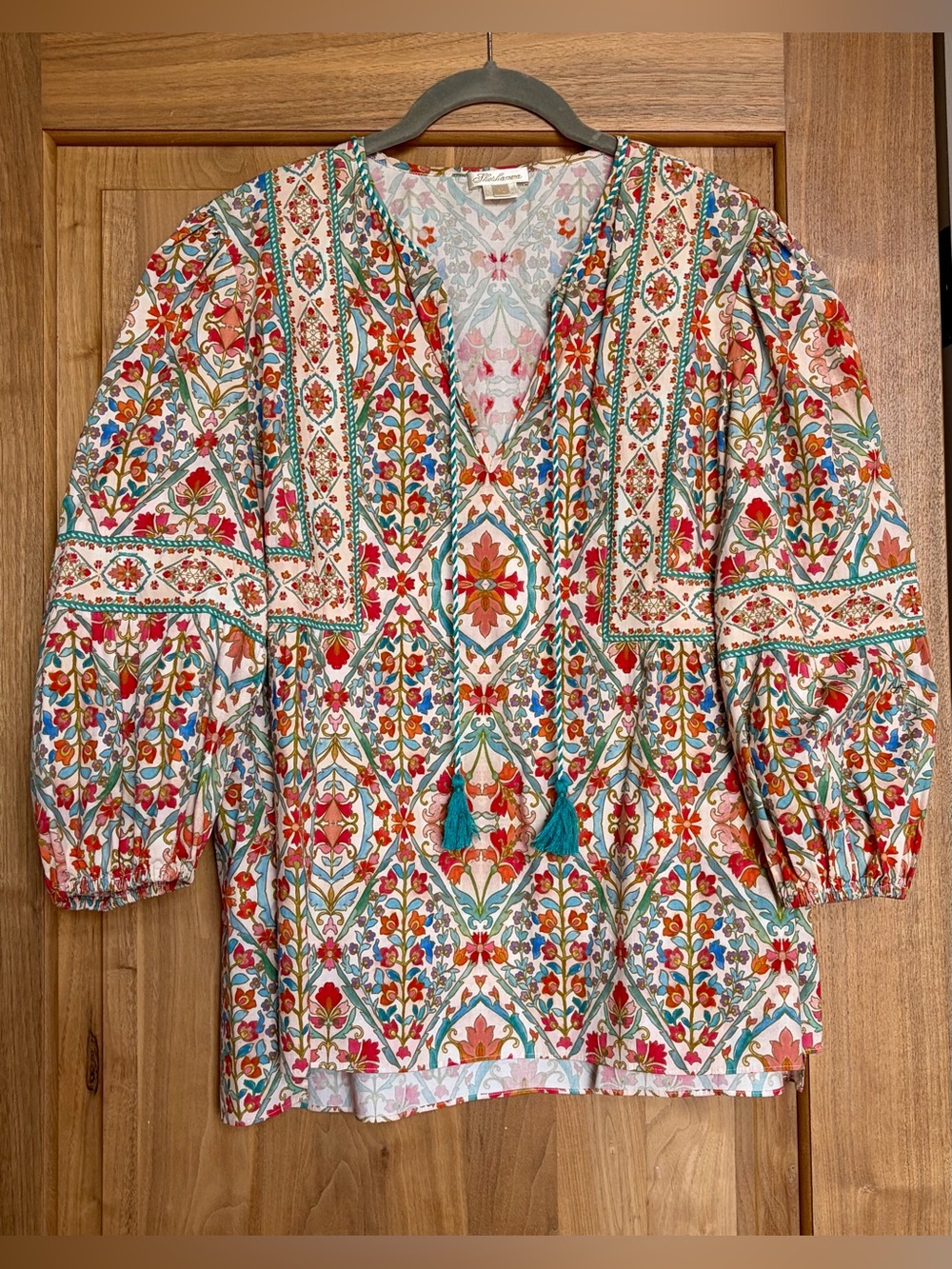 EUC SHOSHANNA Remi Top Pullover Neck Tie Stretch Cotton 3/4 Sleeve XL Teal/Coral - Picture 5 of 12